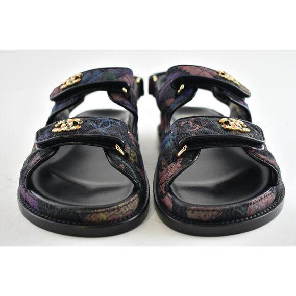 Chanel 21A Black Denim Graffiti CC Logo Mule Slide Strap Flat Dad Sandal 35.5 - Picture 4 of 11